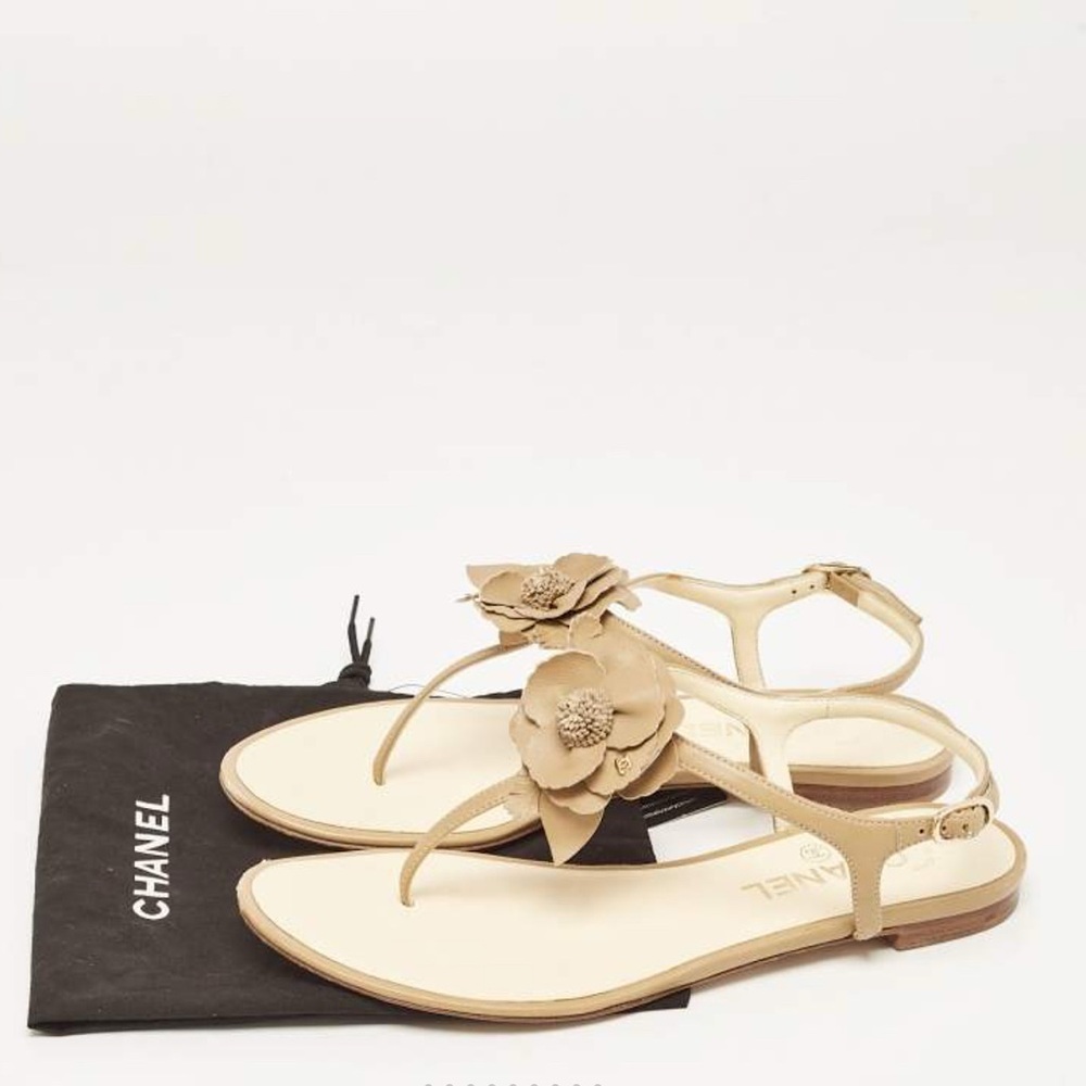 Chanel Brown Leather Camelia Thong Slingback Sandals - Picture 1 of 12